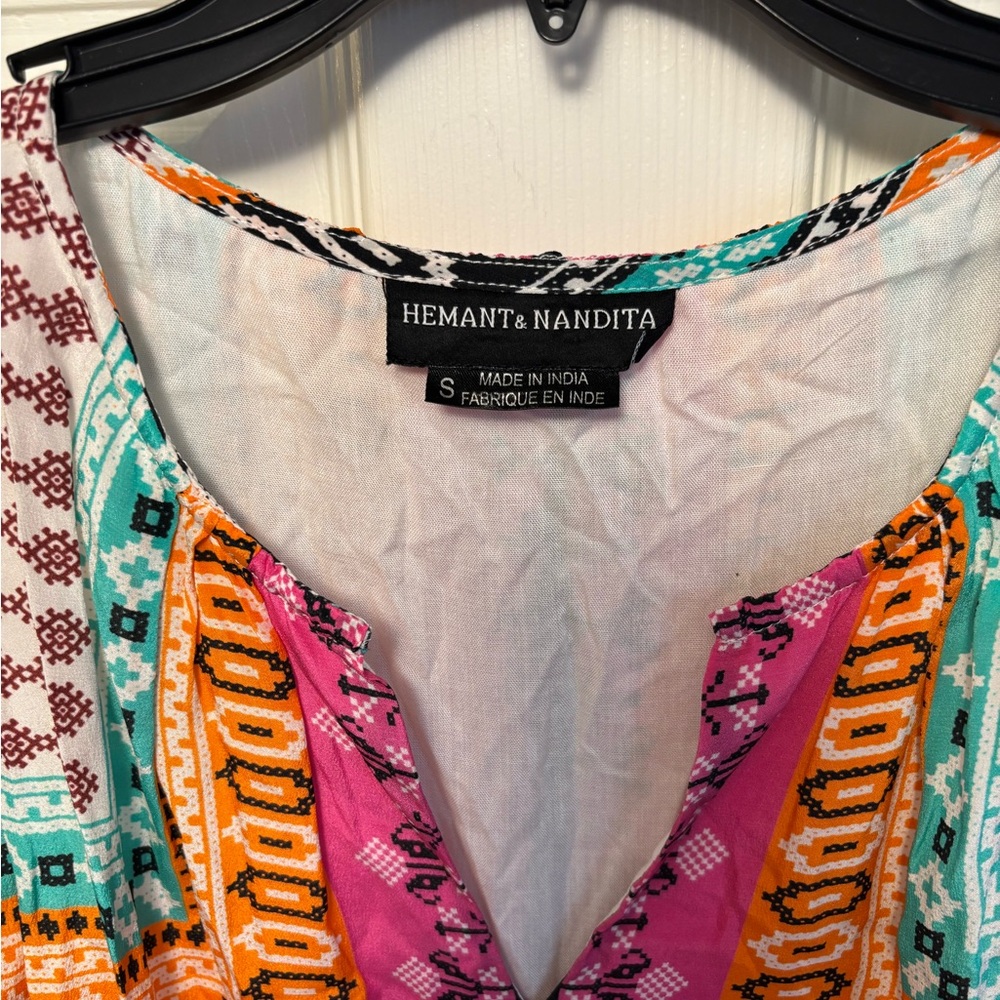 HEMANT & NANDITA Orange and Pink Embellished Tiered Mini Sundress 100% Silk - Picture 3 of 10
